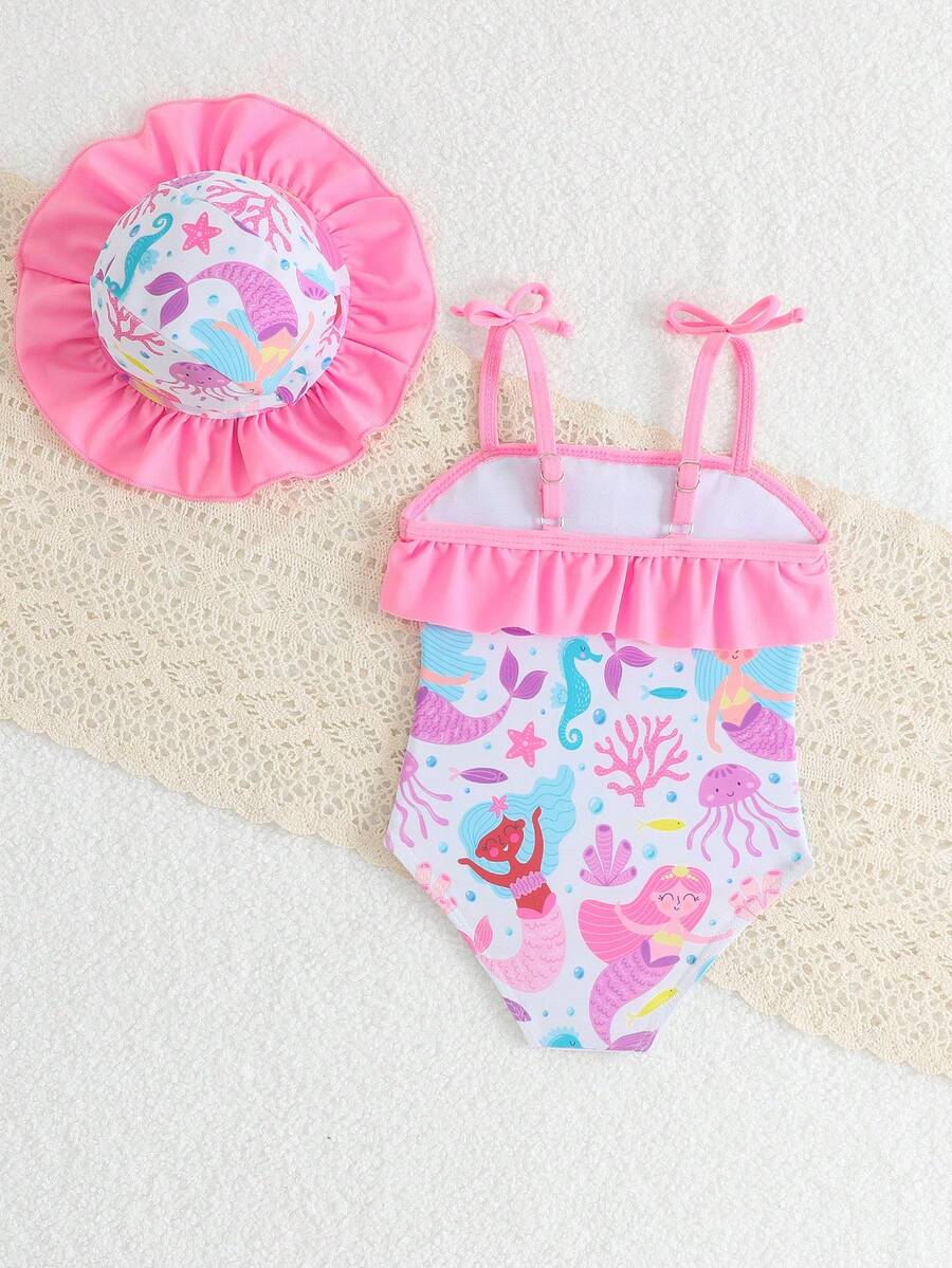 Baby Bow Print Two-Piece Swimsuit Set with Adjustable Straps and Matching Hat
