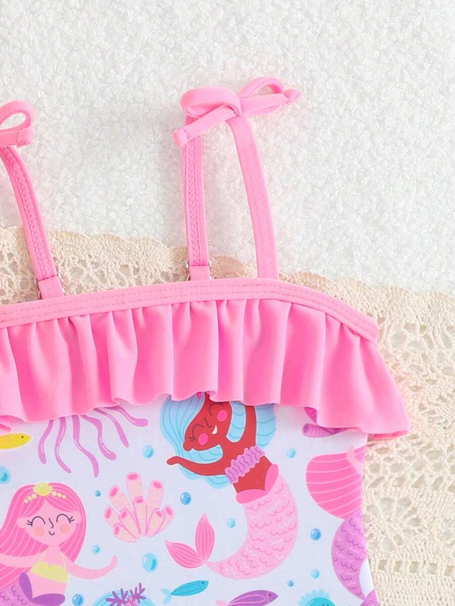 Baby Bow Print Two-Piece Swimsuit Set with Adjustable Straps and Matching Hat