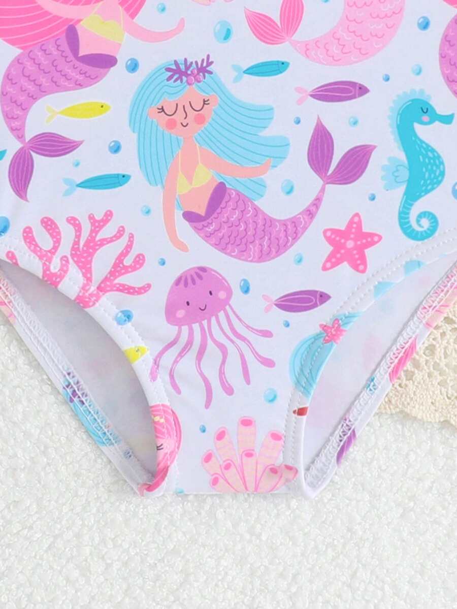 Baby Bow Print Two-Piece Swimsuit Set with Adjustable Straps and Matching Hat