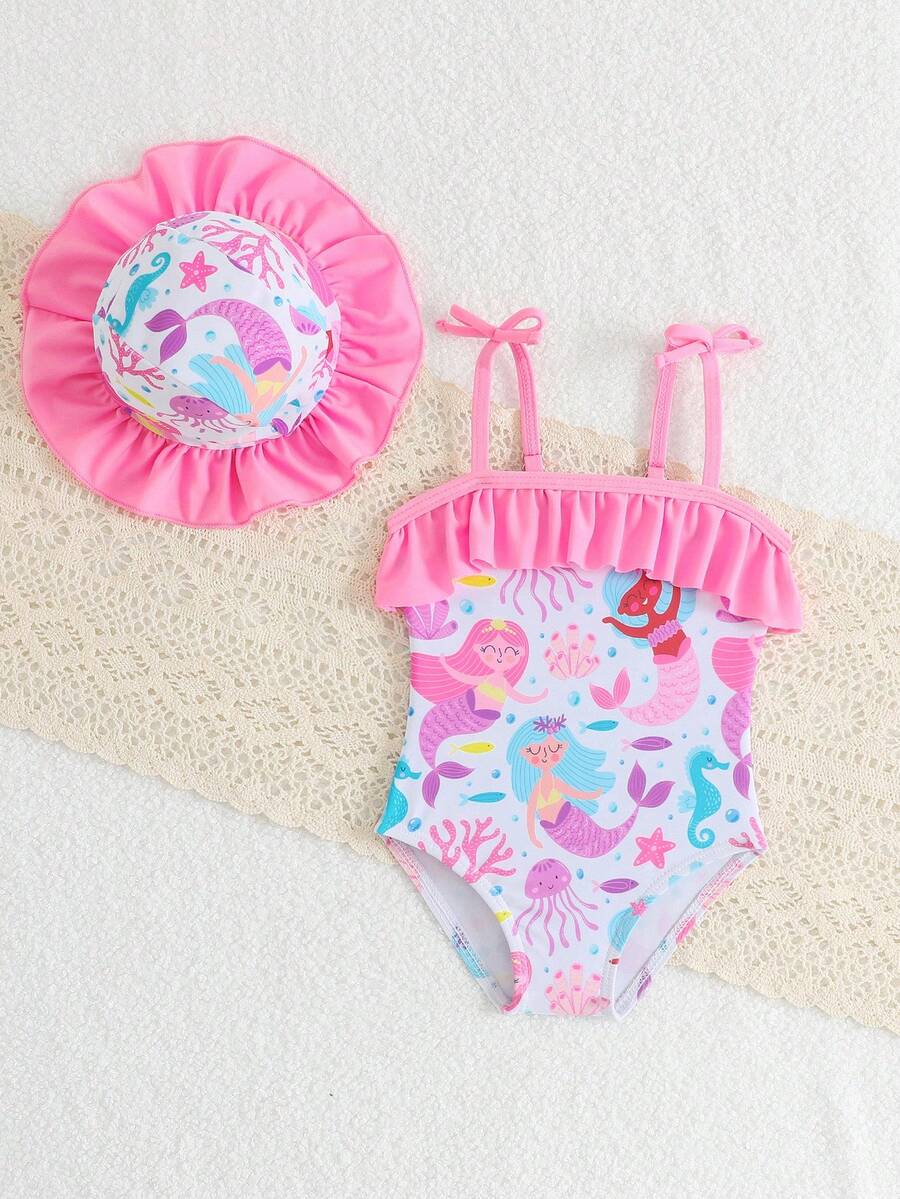 Baby Bow Print Two-Piece Swimsuit Set with Adjustable Straps and Matching Hat