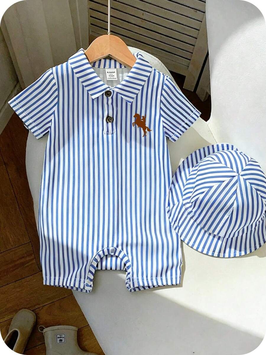 Newborn Baby Boy Girl Horse Print Polo Romper & Sun Hat 2 Piece Outfit Set for Spring Summer
