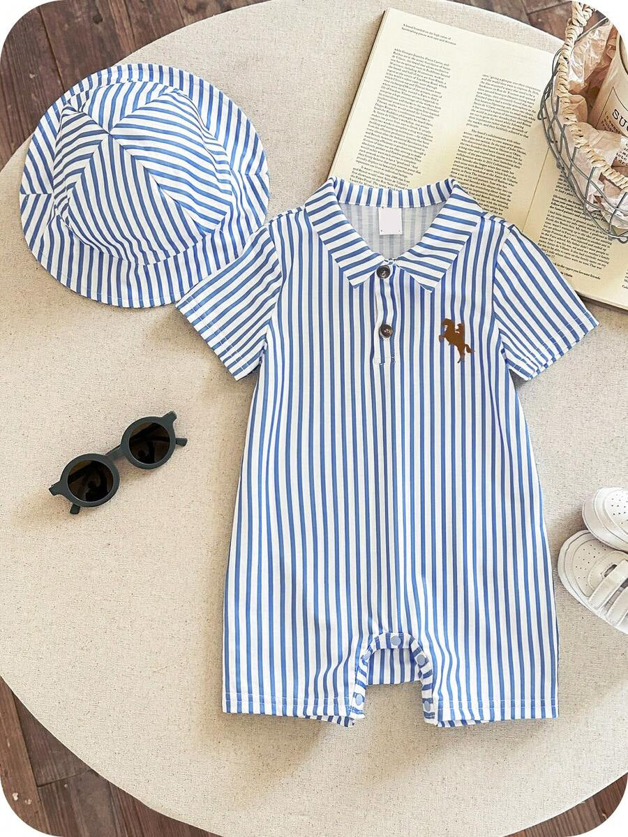 Newborn Baby Boy Girl Horse Print Polo Romper & Sun Hat 2 Piece Outfit Set for Spring Summer