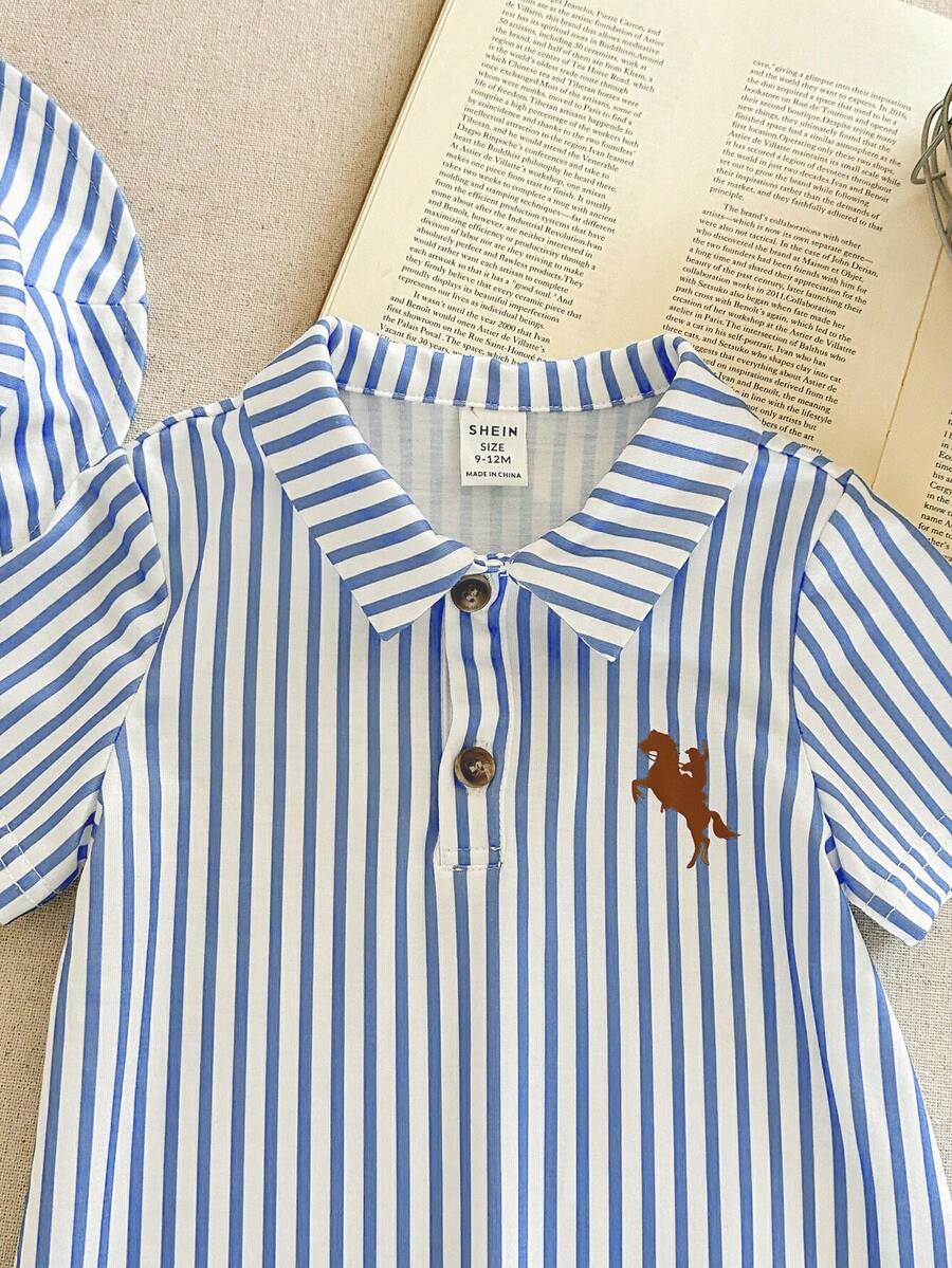 Newborn Baby Boy Girl Horse Print Polo Romper & Sun Hat 2 Piece Outfit Set for Spring Summer