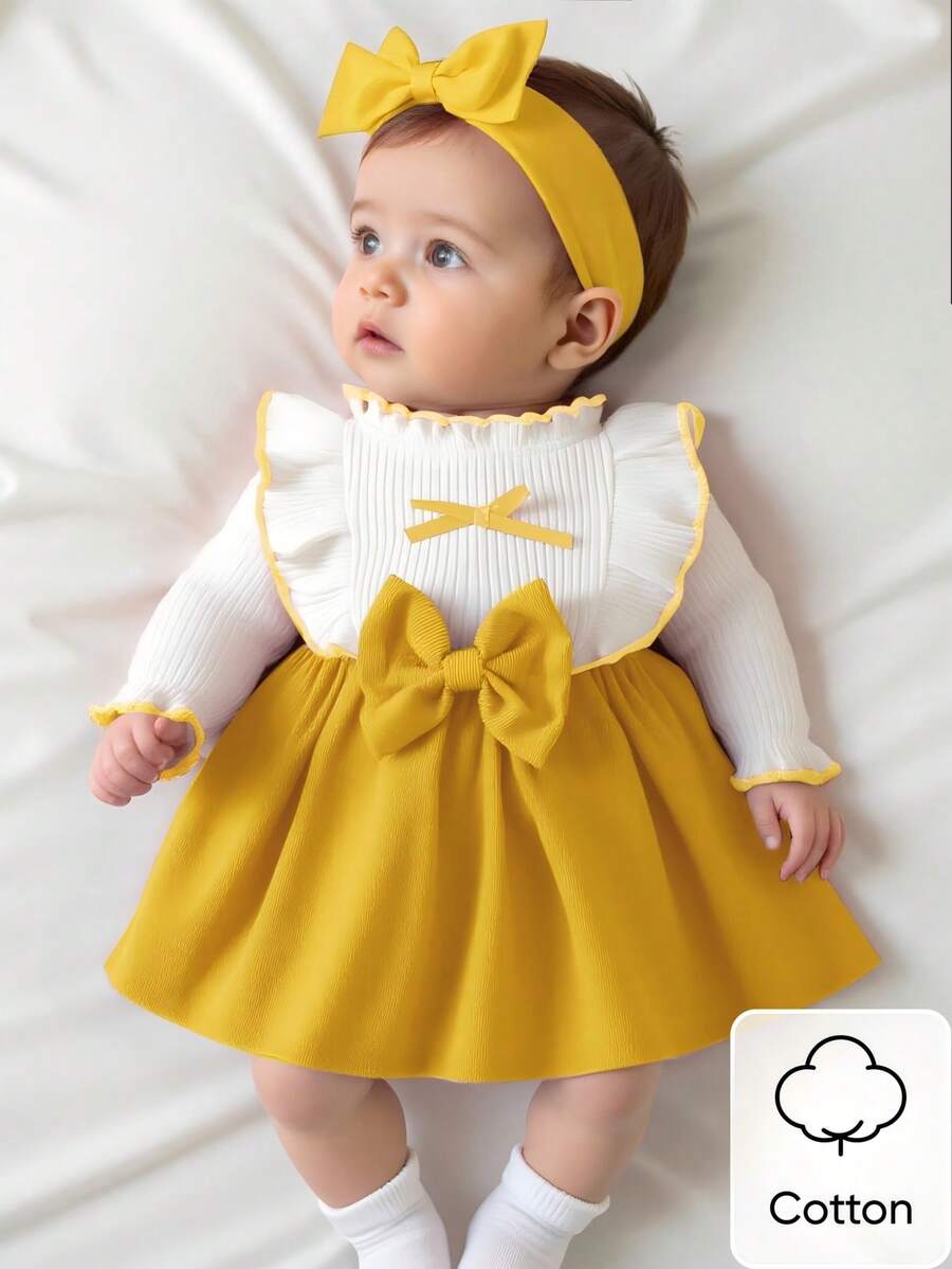 Baby Heart Pattern Dress and Headband Set for Cute All Season Daily Wear