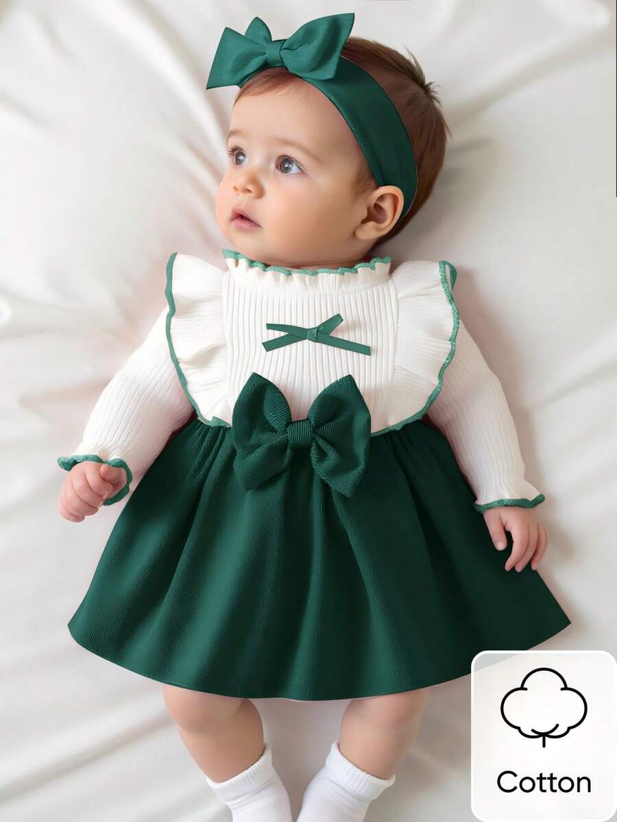 Baby Heart Pattern Dress and Headband Set for Cute All Season Daily Wear