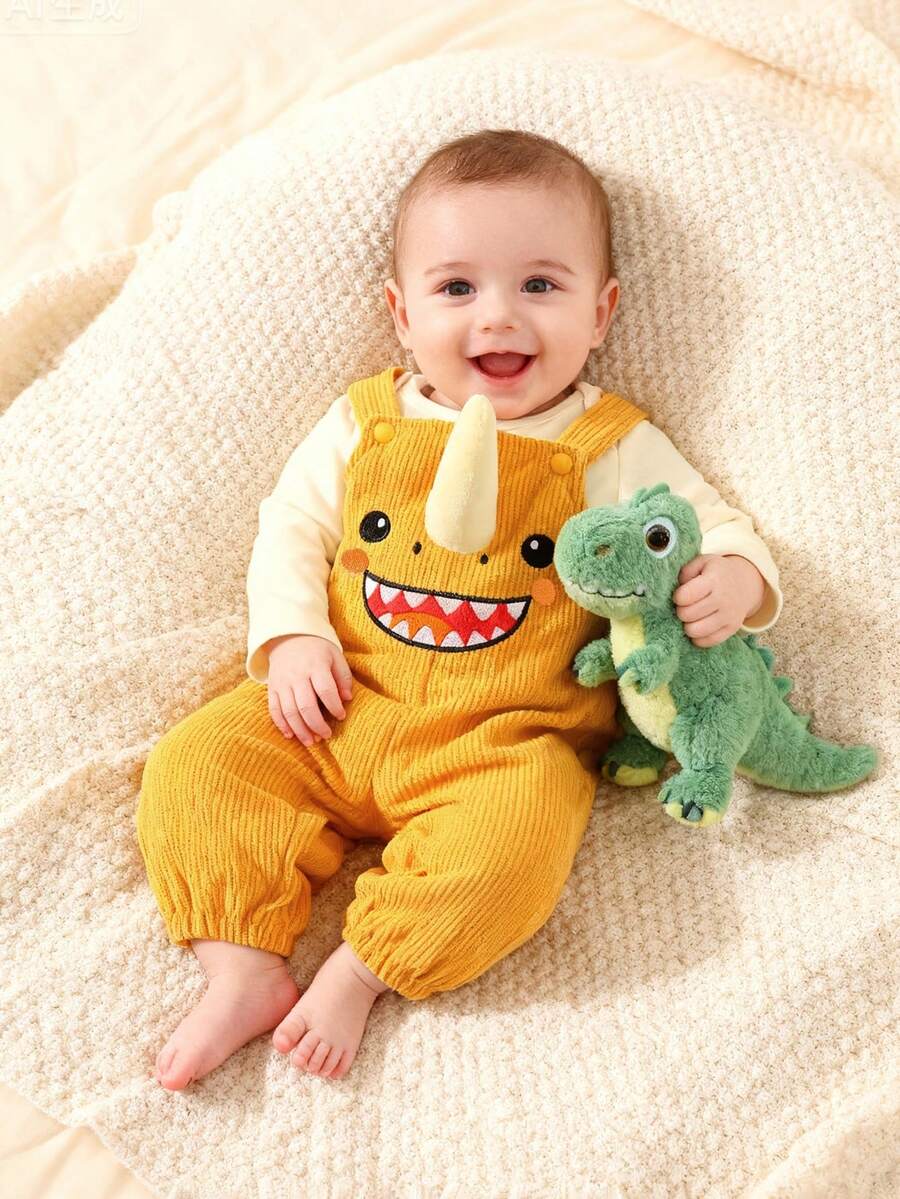 Corduroy Overalls Long Sleeve T Shirt and Dragon Hat Outfit Set for Cute Autumn Daily Wear