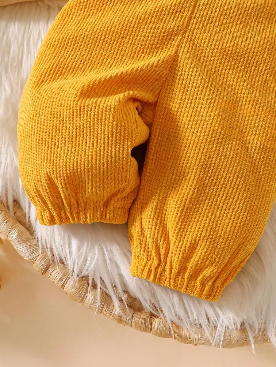 Corduroy Overalls Long Sleeve T Shirt and Dragon Hat Outfit Set for Cute Autumn Daily Wear