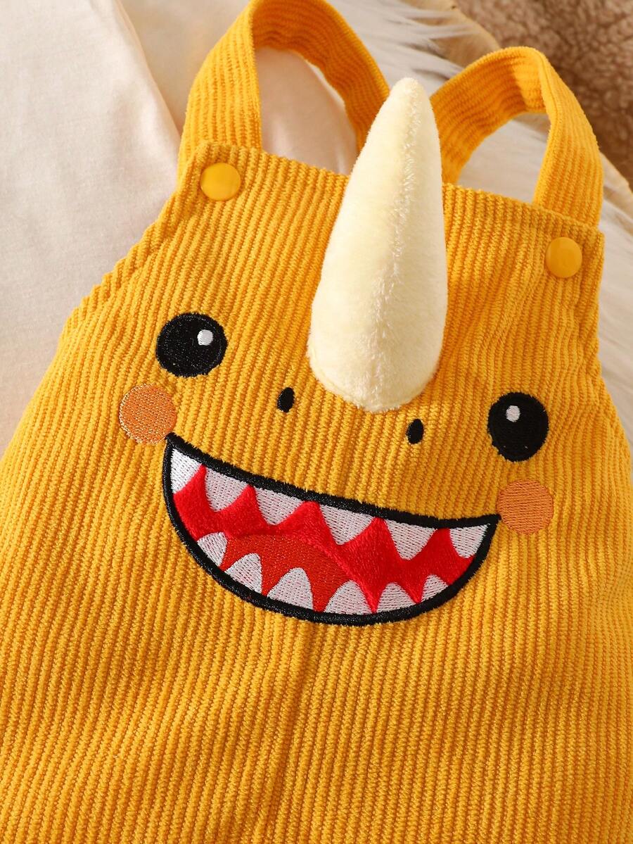 Corduroy Overalls Long Sleeve T Shirt and Dragon Hat Outfit Set for Cute Autumn Daily Wear