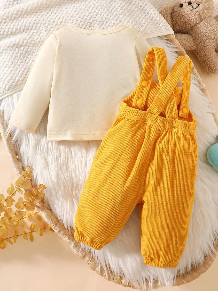 Corduroy Overalls Long Sleeve T Shirt and Dragon Hat Outfit Set for Cute Autumn Daily Wear