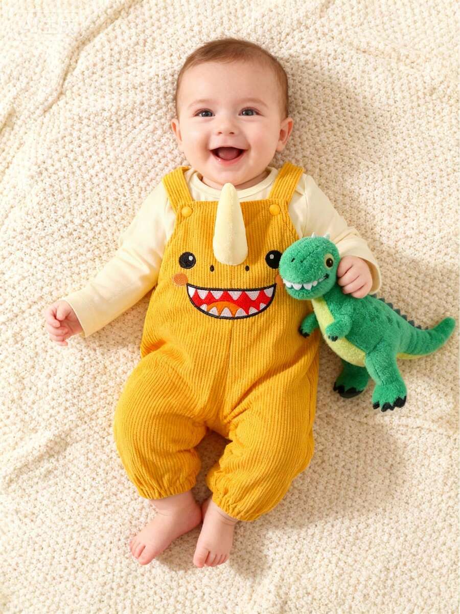 Corduroy Overalls Long Sleeve T Shirt and Dragon Hat Outfit Set for Cute Autumn Daily Wear