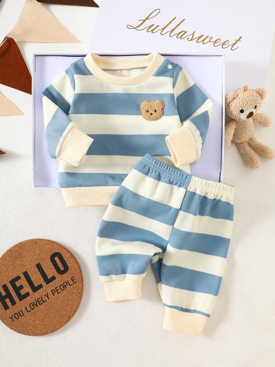 Baby Boy Black and White Striped Teddy Bear Top and Pants Set