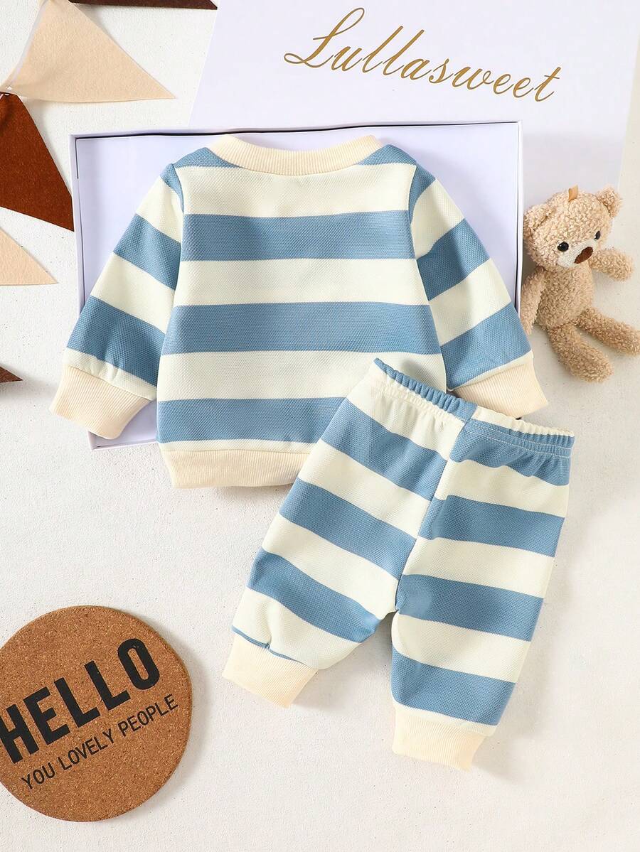 Baby Boy Black and White Striped Teddy Bear Top and Pants Set
