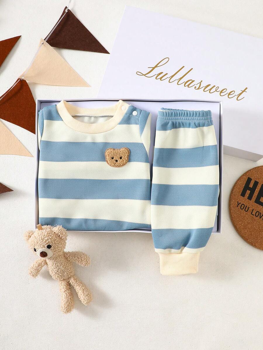 Baby Boy Black and White Striped Teddy Bear Top and Pants Set