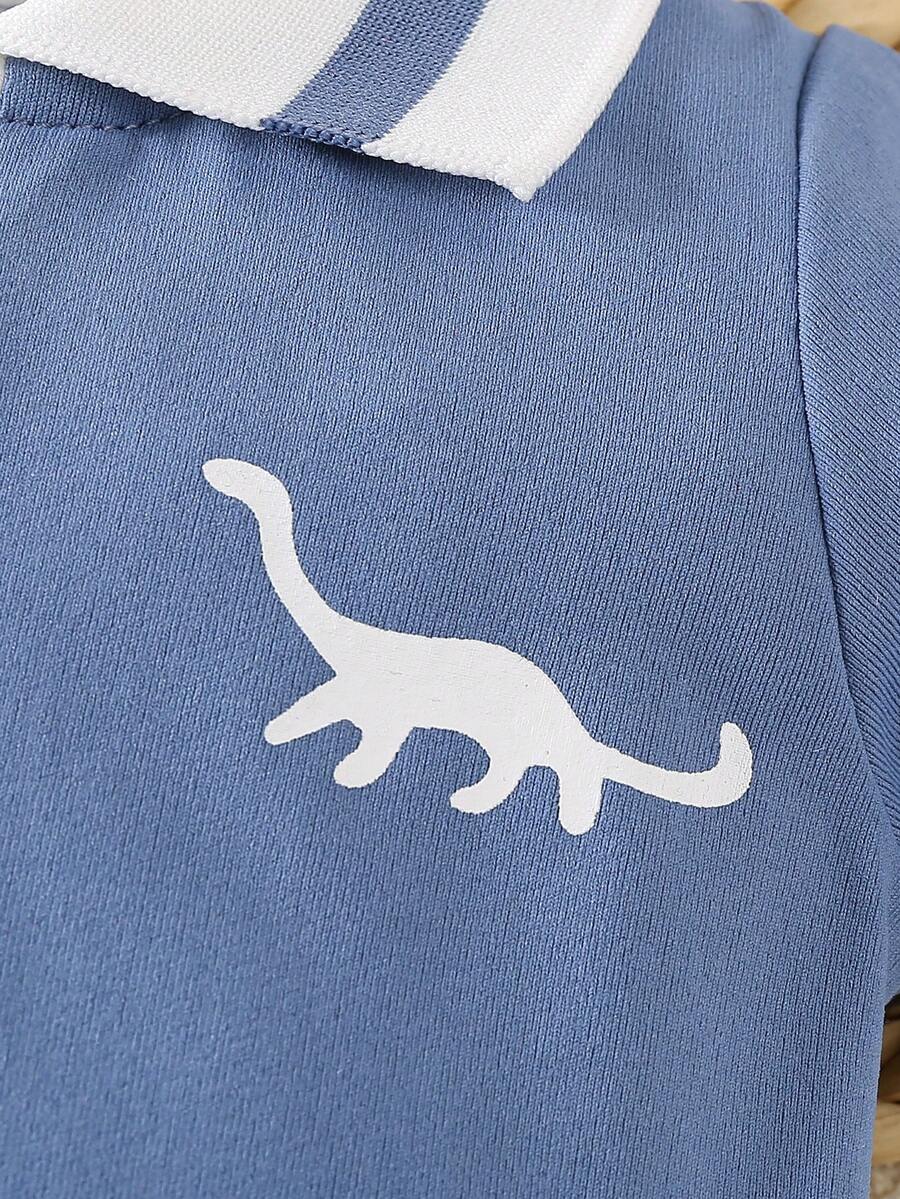 Toddler Boy Dinosaur Print Polo Collar Short Sleeve Romper 2 Piece Summer Outfit Set