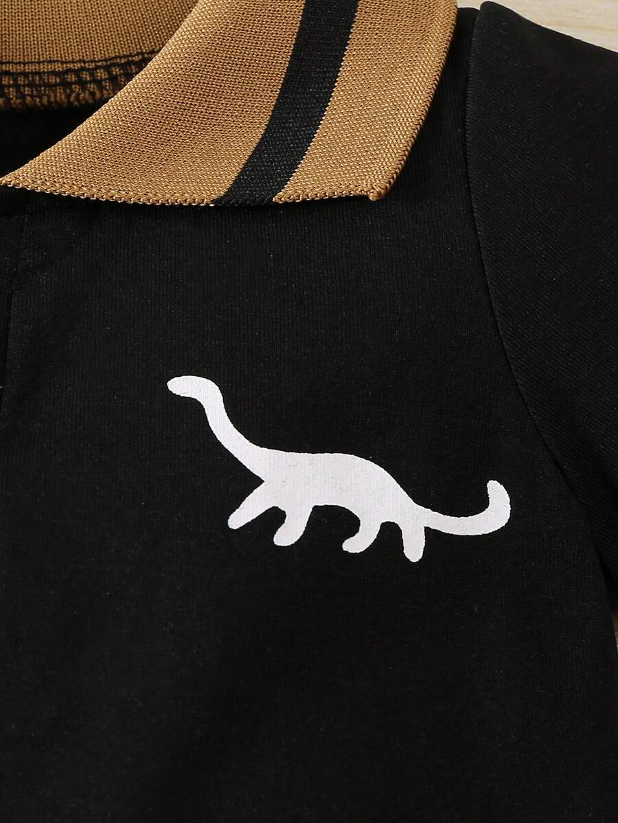 Toddler Boy Dinosaur Print Polo Collar Short Sleeve Romper 2 Piece Summer Outfit Set