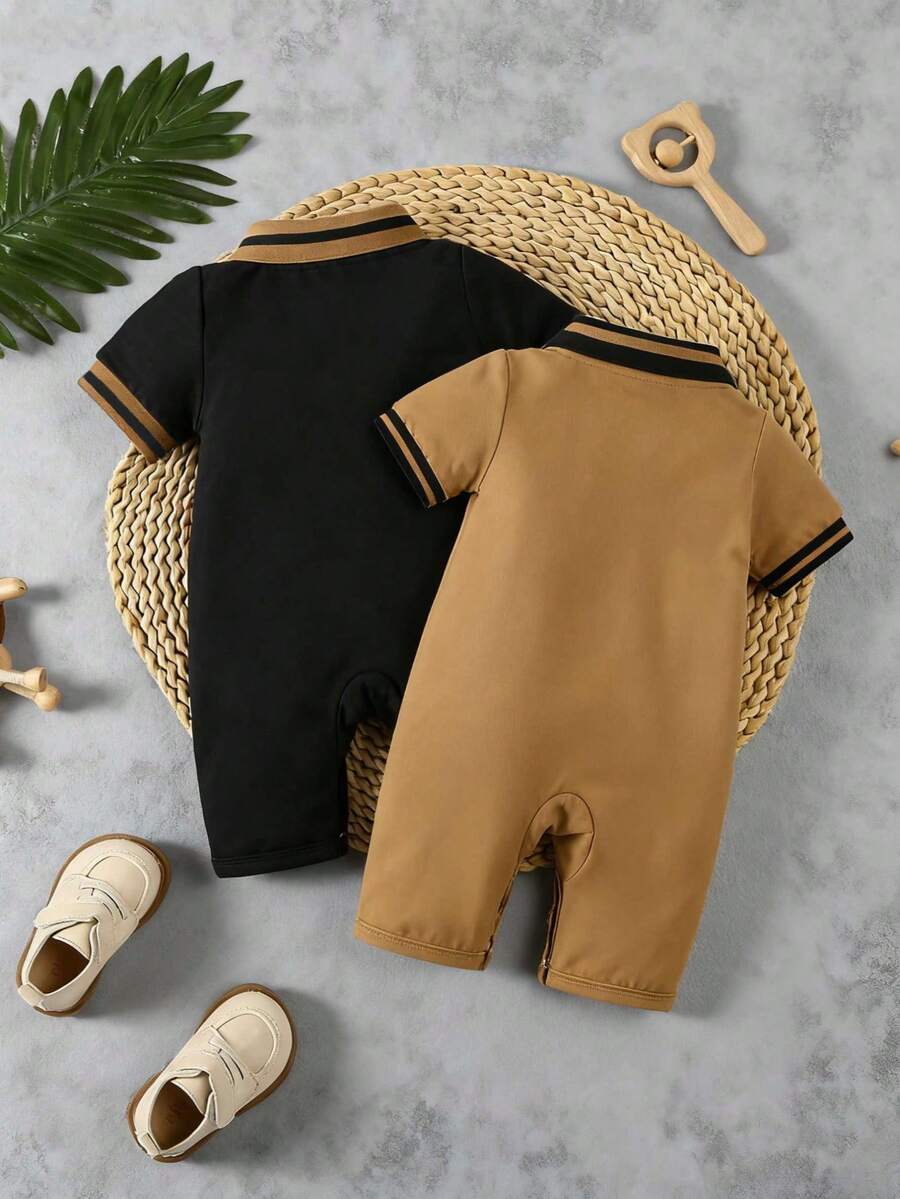 Toddler Boy Dinosaur Print Polo Collar Short Sleeve Romper 2 Piece Summer Outfit Set