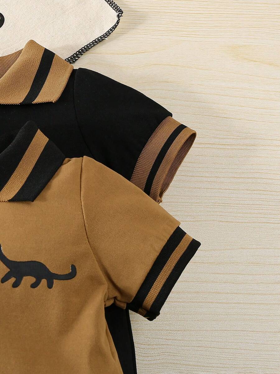 Toddler Boy Dinosaur Print Polo Collar Short Sleeve Romper 2 Piece Summer Outfit Set