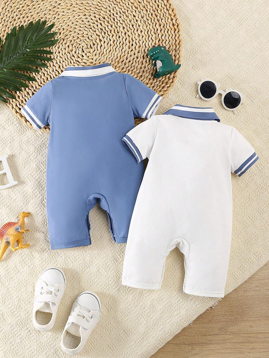 Toddler Boy Dinosaur Print Polo Collar Short Sleeve Romper 2 Piece Summer Outfit Set