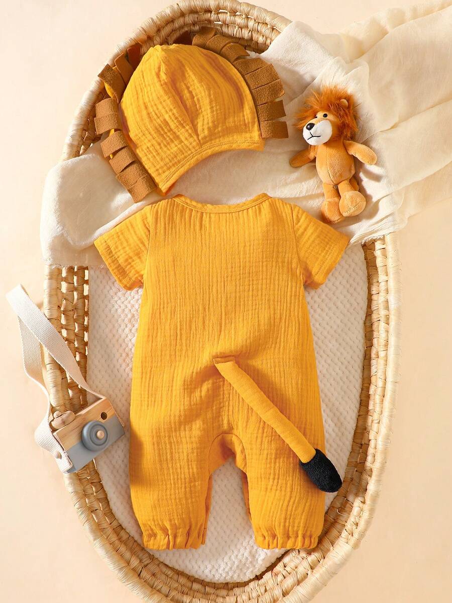 Lion Shaped Romper Pants and Hat Outfit Set for Cute Summer Daily Wear