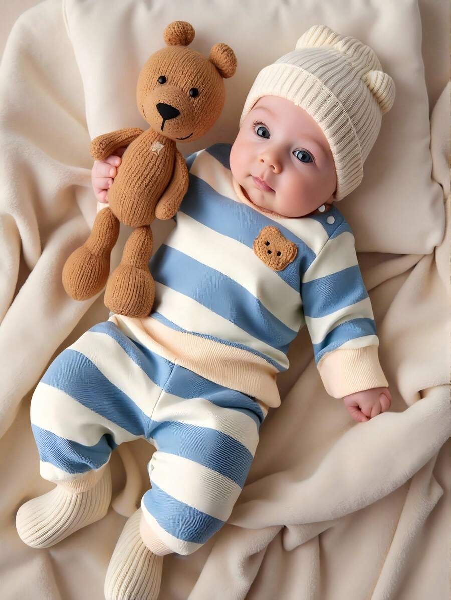 Baby Boy Black and White Striped Teddy Bear Top and Pants Set