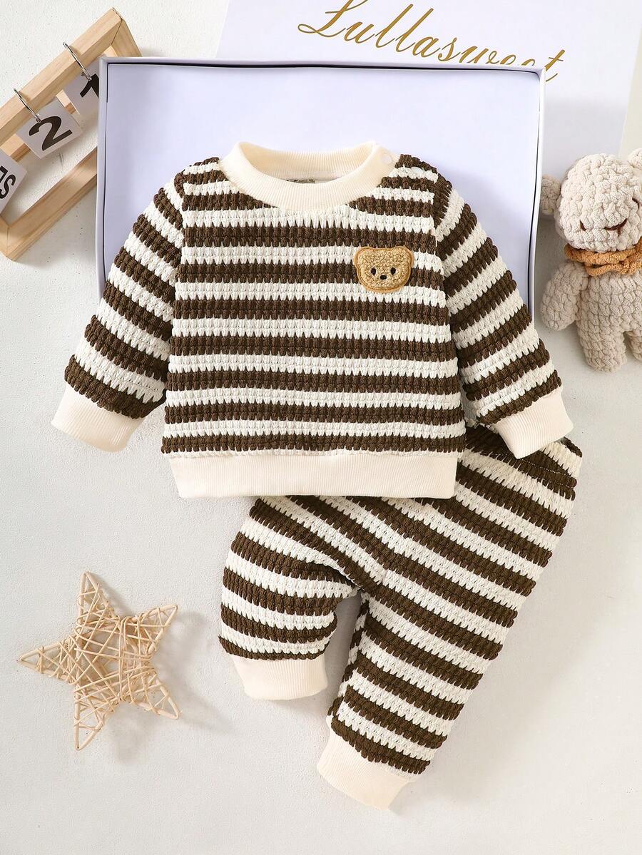 Baby Boy Black and White Striped Teddy Bear Top and Pants Set