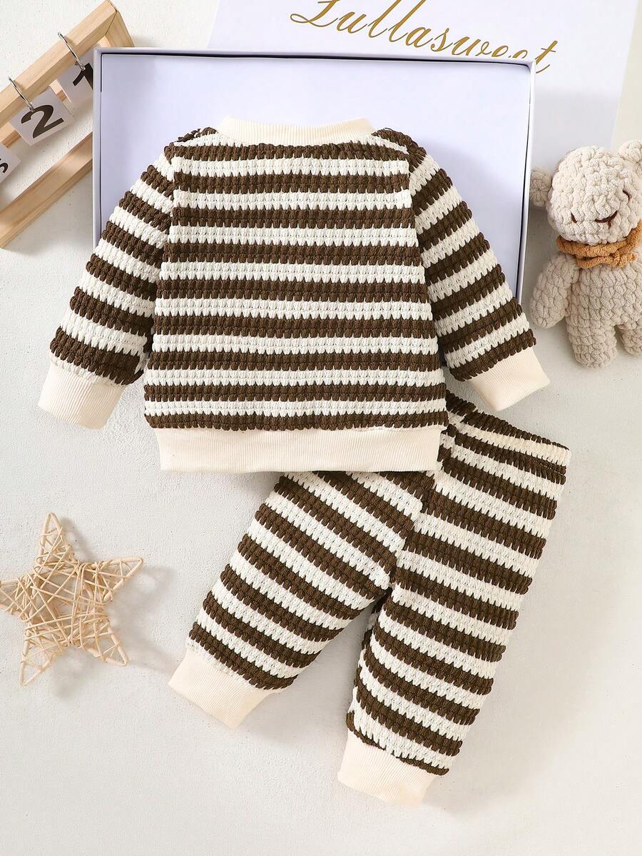Baby Boy Black and White Striped Teddy Bear Top and Pants Set