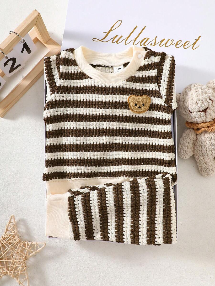 Baby Boy Black and White Striped Teddy Bear Top and Pants Set