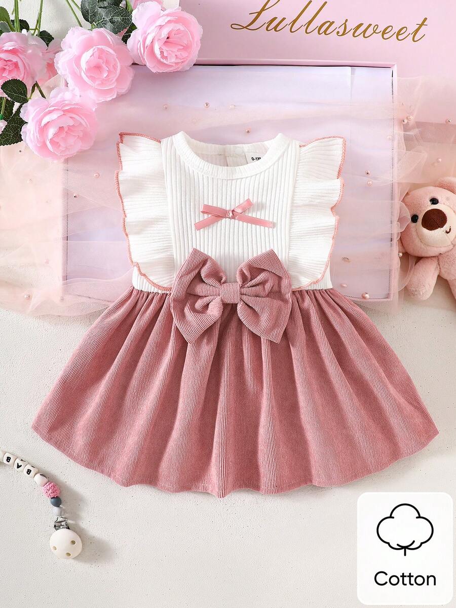 Baby Lace Collar Pink Bow Dress for Elegant Retro Summer Wear