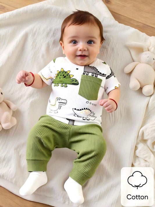 2PCS Baby Boy Dinosaur Print Top and Green Pants Set for Cute Casual Daily Wear