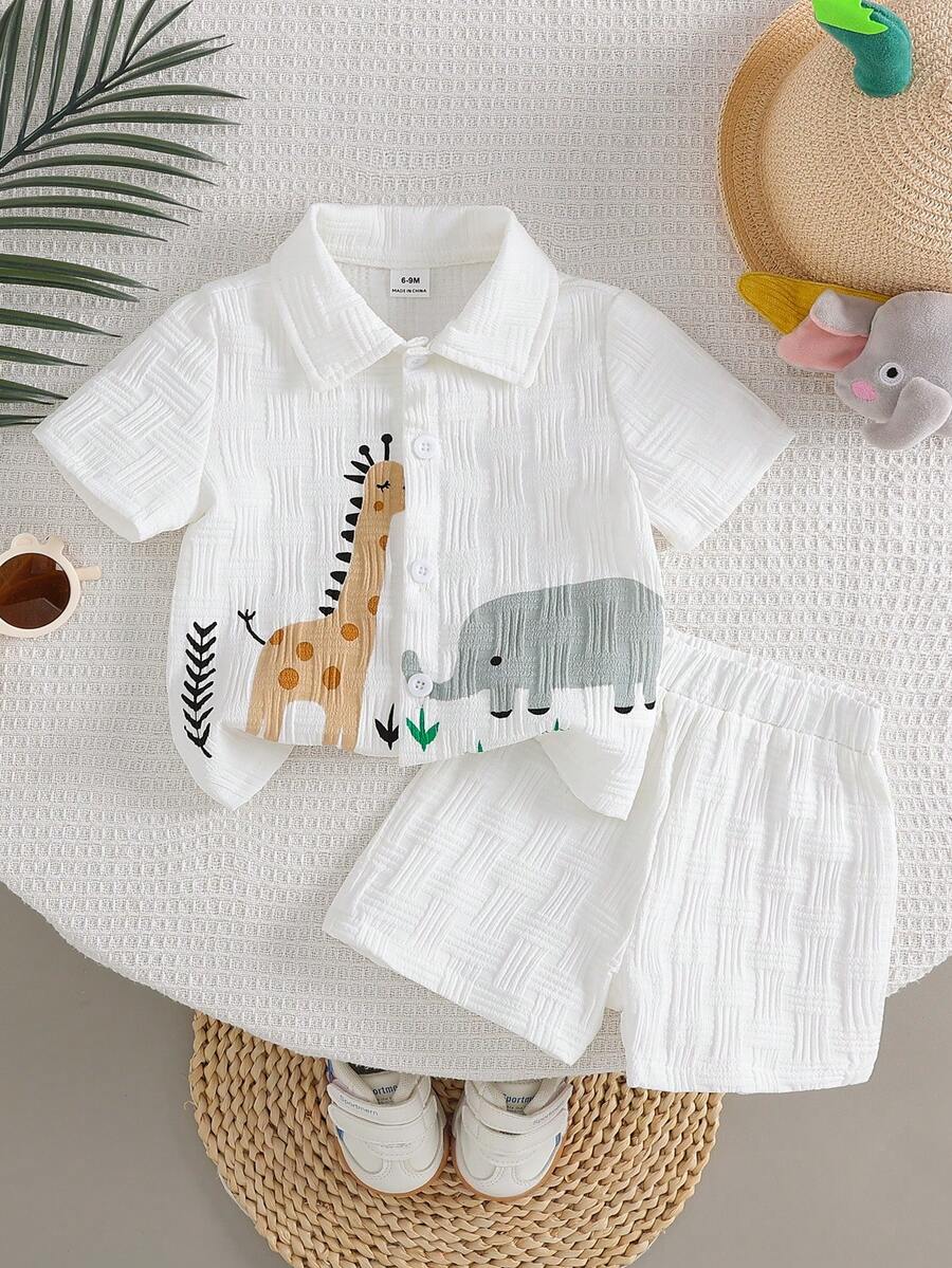 Baby Boy Cartoon Print Textured Shirt and Shorts 2 Piece Street Fashion Outfit Set