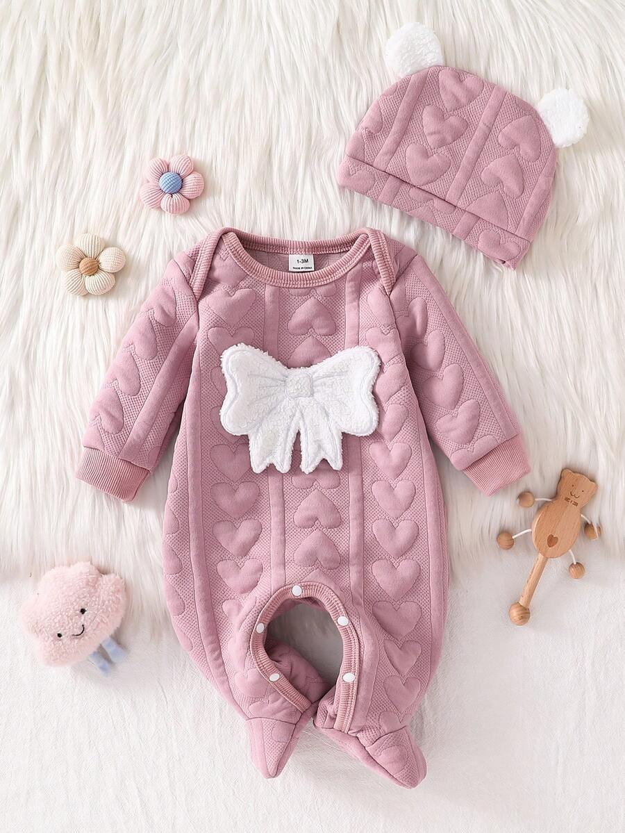 2PCS Newborn Baby Bear Print Long Sleeve Romper & Hat Set – Cozy Winter Outfit