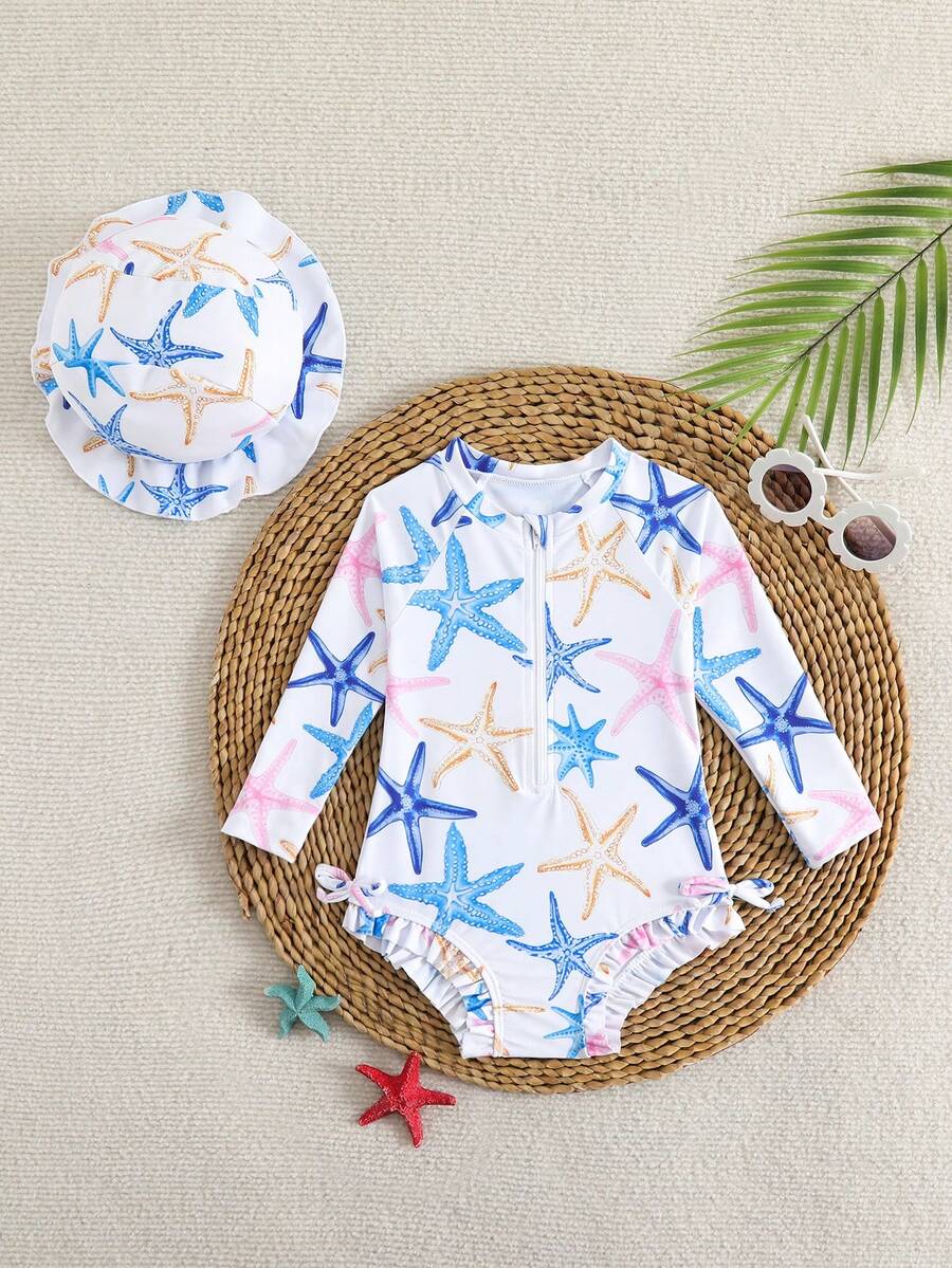 Baby Bow Print Long Sleeve One-Piece Swimsuit Set with Matching Swim Cap