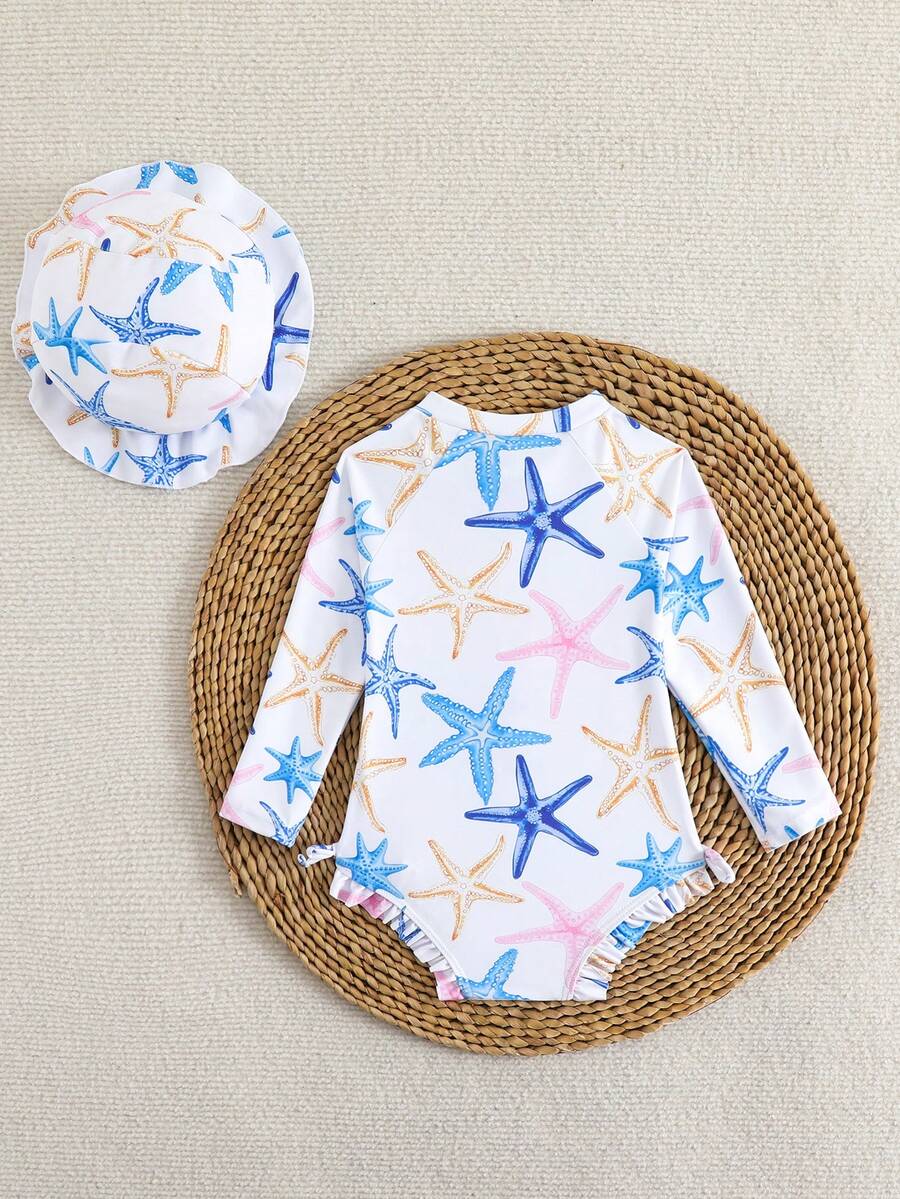 Baby Bow Print Long Sleeve One-Piece Swimsuit Set with Matching Swim Cap