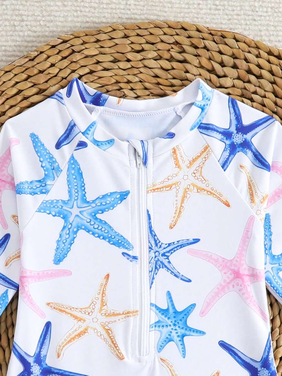 Baby Bow Print Long Sleeve One-Piece Swimsuit Set with Matching Swim Cap