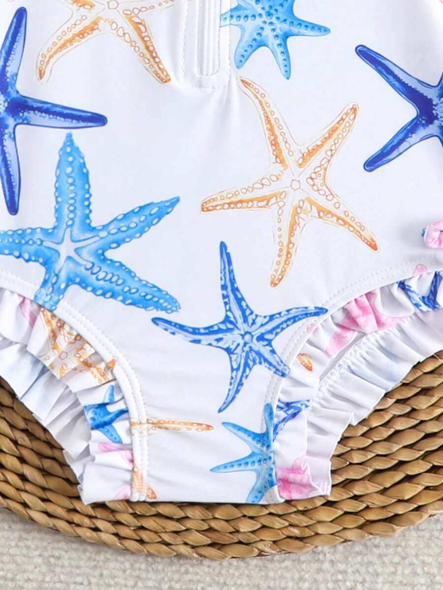 Baby Bow Print Long Sleeve One-Piece Swimsuit Set with Matching Swim Cap