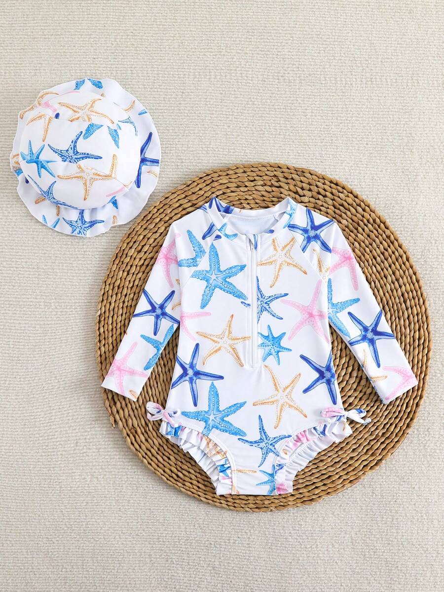 Baby Bow Print Long Sleeve One-Piece Swimsuit Set with Matching Swim Cap