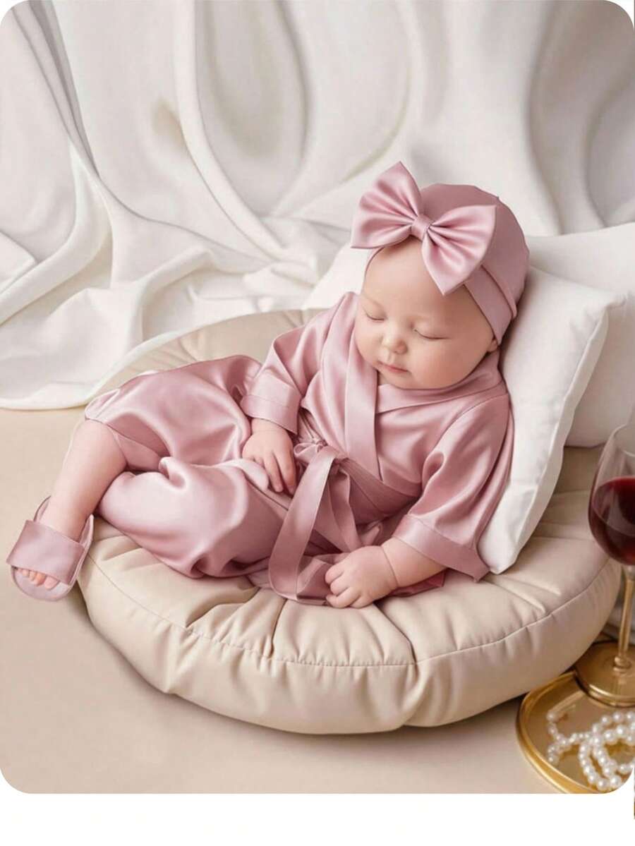 3PCS Baby Pink Bow Pajama Set with Hat and Slippers for Cozy Photoshoots