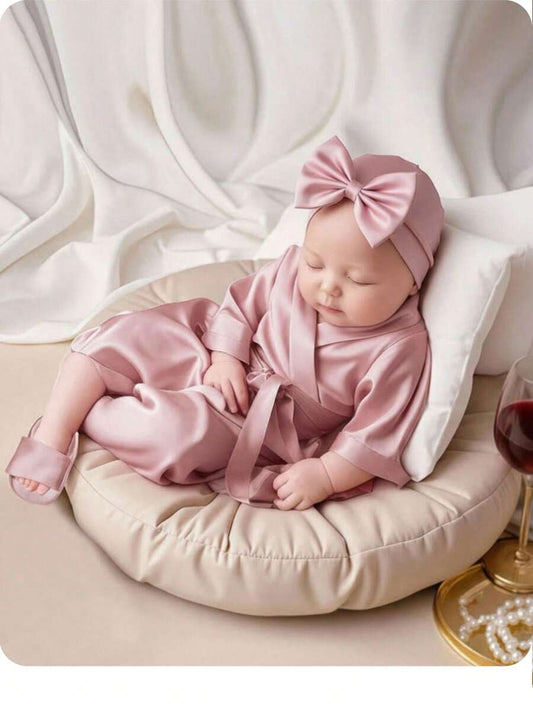 3PCS Baby Pink Bow Pajama Set with Hat and Slippers for Cozy Photoshoots