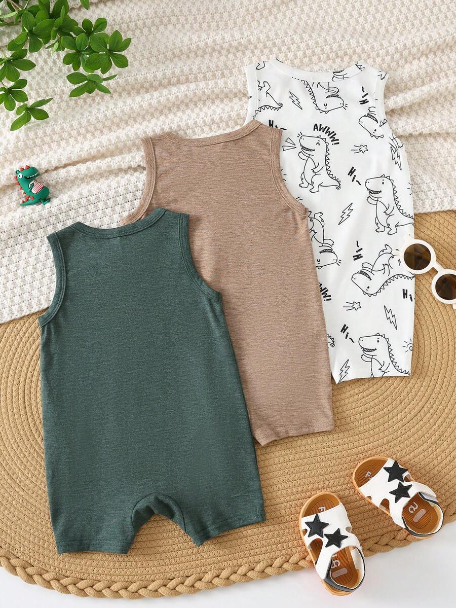 Unisex Dinosaur Print Sleeveless Romper Set For Toddlers Spring Summer Wear