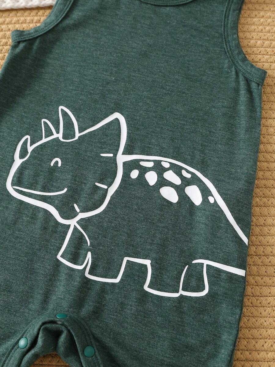 Unisex Dinosaur Print Sleeveless Romper Set For Toddlers Spring Summer Wear