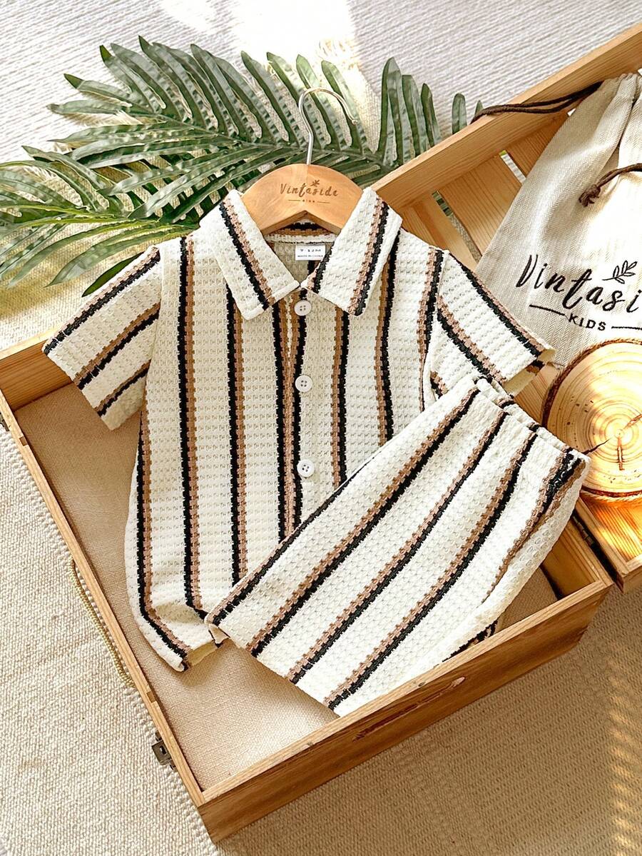 Infant Baby Boy Green White Striped Waffle Knit Polo Shirt and Shorts 2 Piece Casual Outfit Set
