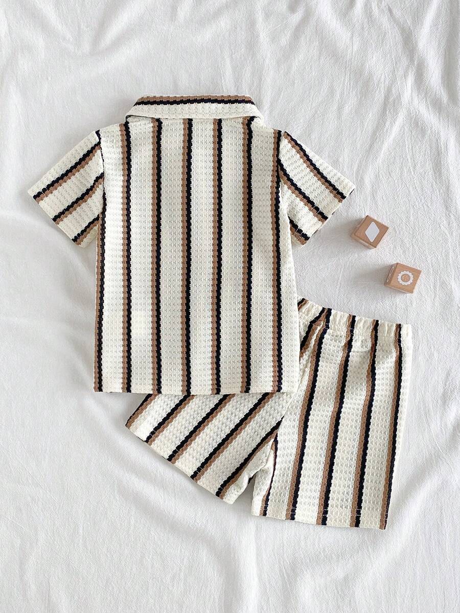 Infant Baby Boy Green White Striped Waffle Knit Polo Shirt and Shorts 2 Piece Casual Outfit Set