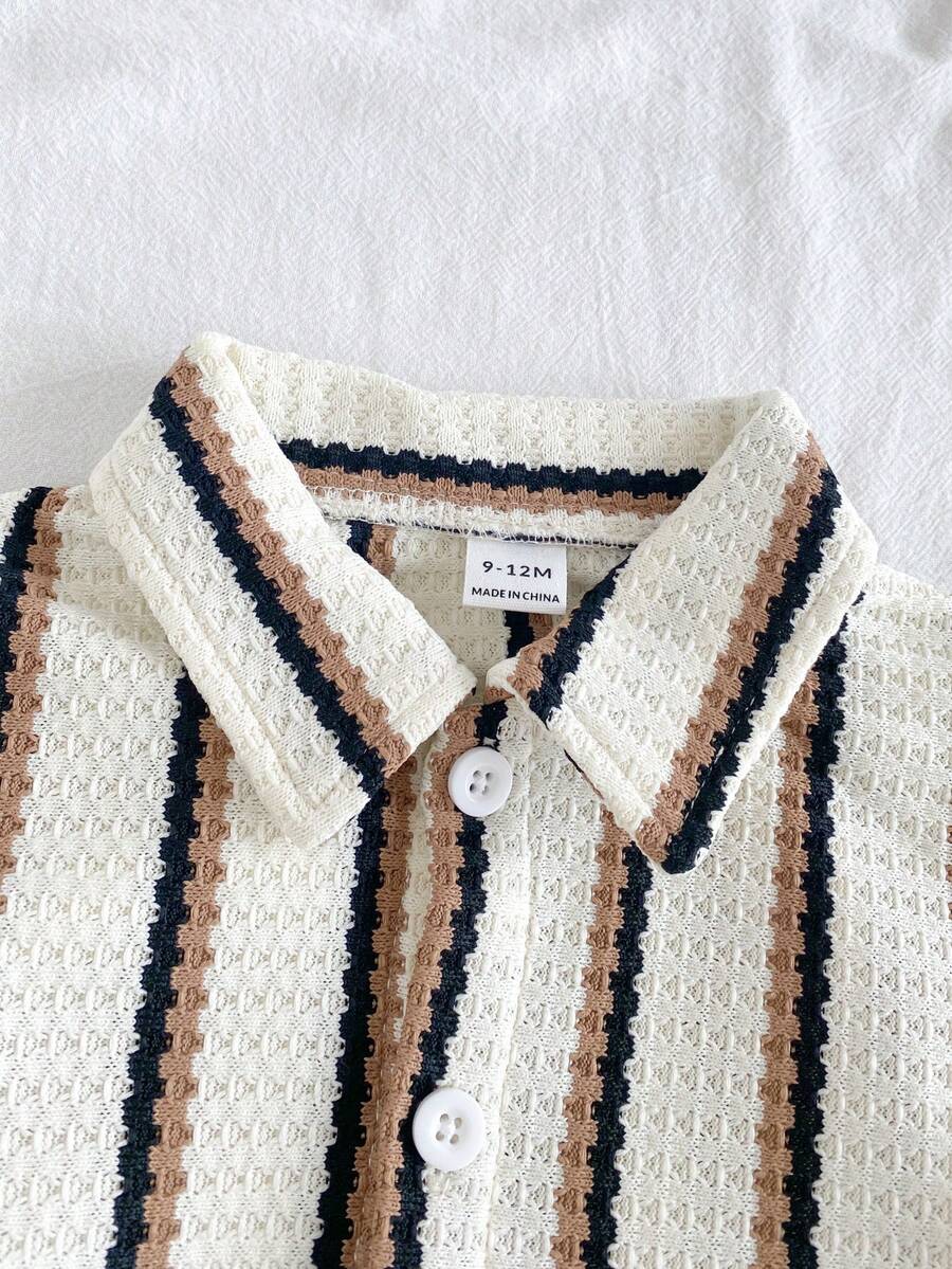 Infant Baby Boy Green White Striped Waffle Knit Polo Shirt and Shorts 2 Piece Casual Outfit Set