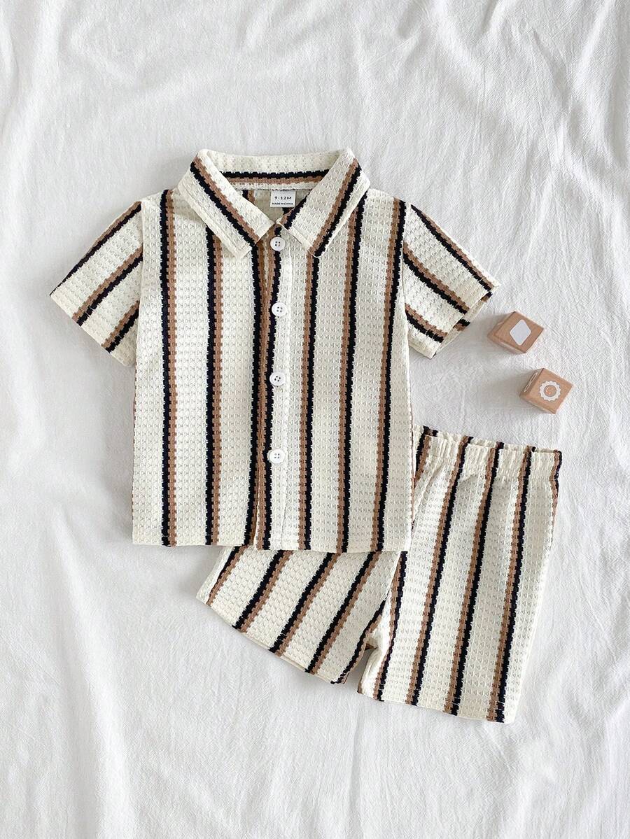 Infant Baby Boy Green White Striped Waffle Knit Polo Shirt and Shorts 2 Piece Casual Outfit Set