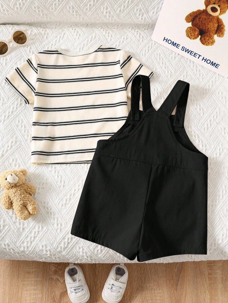 2-Piece Toddler Boy Outfit: Black Graphic T-Shirt and Camo Bib Shorts