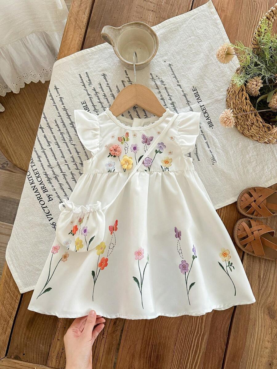 Infant Girl 2-Piece Embroidered Dress Set with Diagonal Shoulder Bag