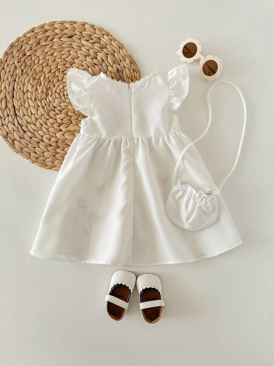 Infant Girl 2-Piece Embroidered Dress Set with Diagonal Shoulder Bag