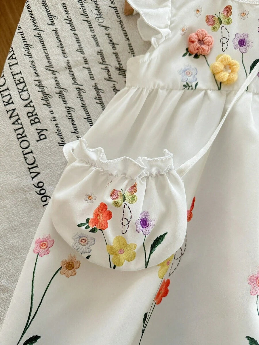 Infant Girl 2-Piece Embroidered Dress Set with Diagonal Shoulder Bag