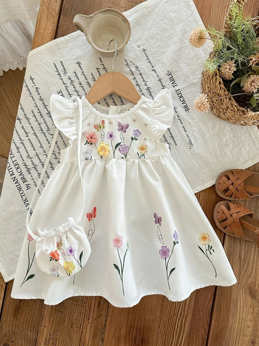 Infant Girl 2-Piece Embroidered Dress Set with Diagonal Shoulder Bag