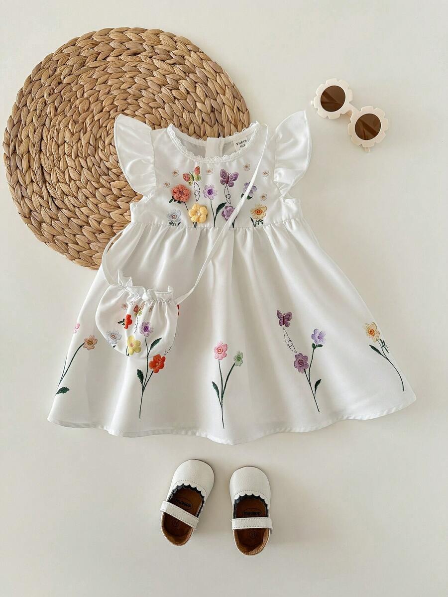 Infant Girl 2-Piece Embroidered Dress Set with Diagonal Shoulder Bag